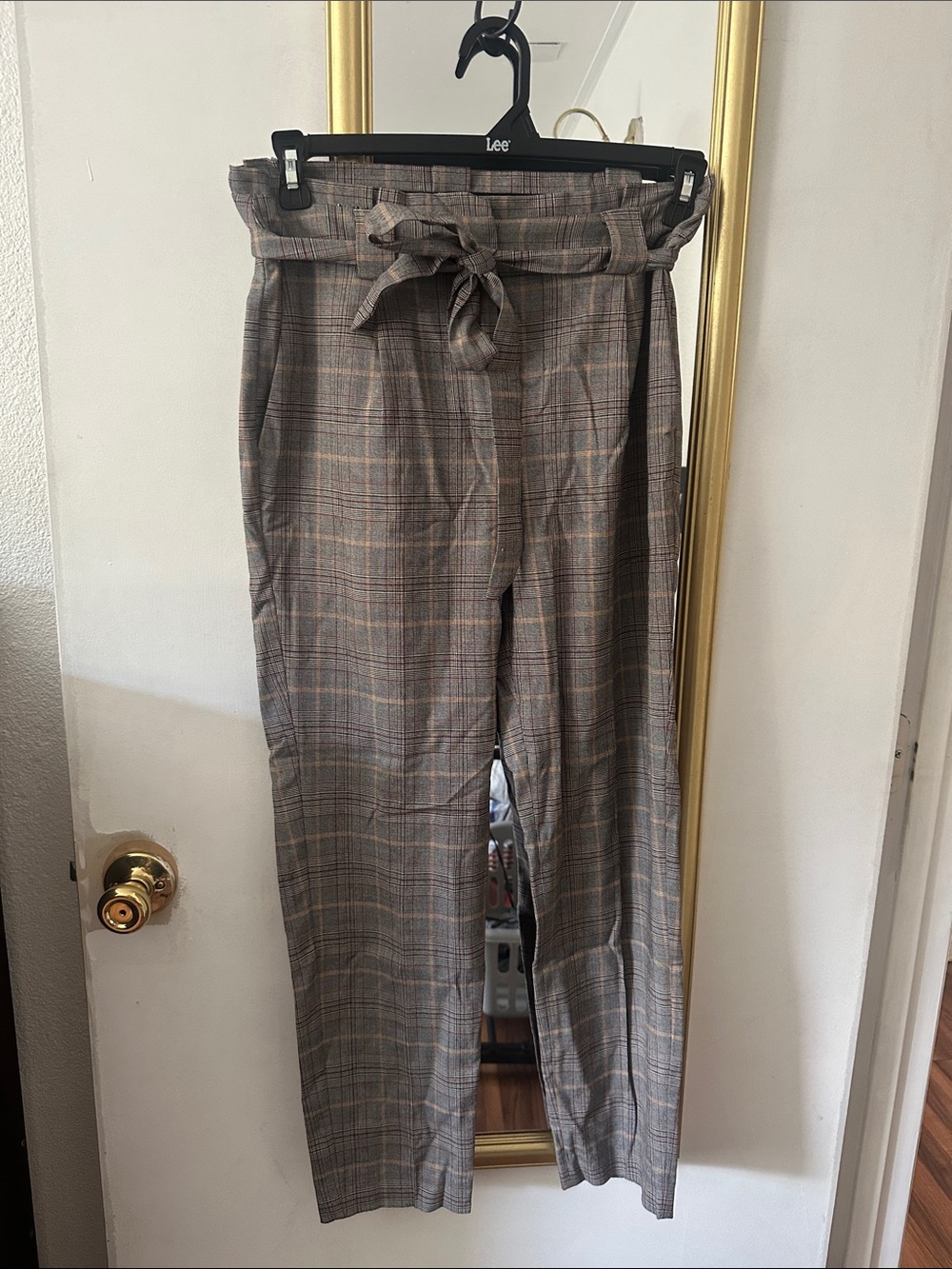 Express Plaid Paperbag Waist Chinos - Gray & Brown